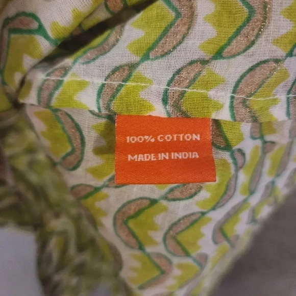 New Oliphant 100% Cotton Blouse Size Large Green Gold Off Shoulder Ruffled - Picture 5 of 7